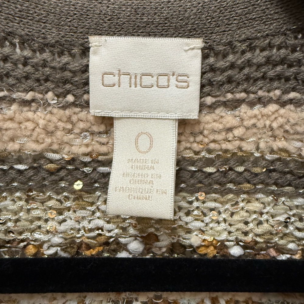 Chicos Open Front Cardigan Sweater Sequin Faux Fur Trim Striped Gold Size 0 - Picture 4 of 11